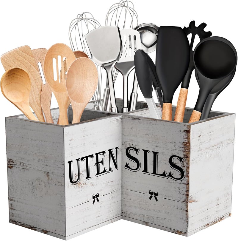 Suli Extra Large Kitchen Utensils Holder with 3 Compartments,Corner Shelf,Wooden Utensil Organizer for Kitchen Countertop, Farmhouse Decor, Rustic Cooking Utensil - White grain - Image 1